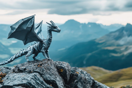 A grey origami dragon, crafted from paper, stands majestically on a rocky mountain peak, with a breathtaking mountain landscape in the background.の素材