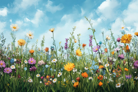 A painted image of a vibrant meadow filled with various wildflowers, blooming under a clear blue sky with fluffy clouds.の素材