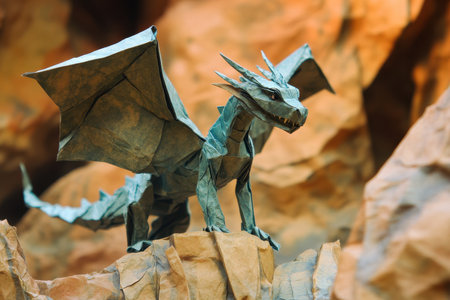 A detailed origami dragon with wings outstretched, standing on a rocky formation with an orange and brown background.の素材