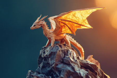 A detailed close-up of a golden origami dragon perched on a rocky mountain of crumpled paper, bathed in warm sunset light.の素材