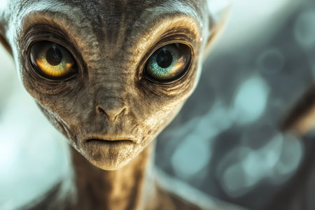 A close-up image captures the eerie eyes and wrinkled face of an alien creature, emphasizing its otherworldly nature.の素材