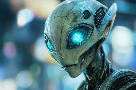 A close-up view of a futuristic android's head, showcasing its metallic silver skin and glowing blue eyes, creating a sense of advanced technology and artificial intelligence.の素材