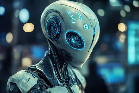 A close-up portrait of a futuristic android with glowing blue eyes against a dark, blurred background.の素材