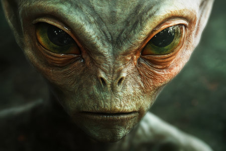 A close-up shot of an alien's face, showcasing its grey skin, large green eyes, and wrinkled texture.の素材