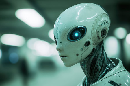 A close-up of a futuristic humanoid robot&#39;s head, showcasing a blue glowing eye and intricate mechanical details.の素材