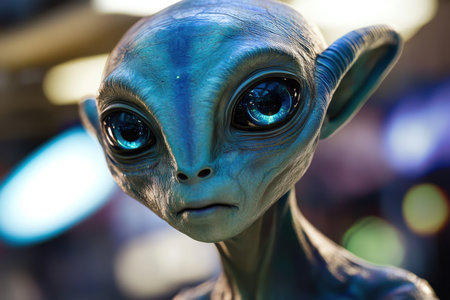 A close-up portrait of an alien creature with blue skin and large, expressive eyes. The alien's features suggest a mixture of humanoid and extraterrestrial qualities.の素材