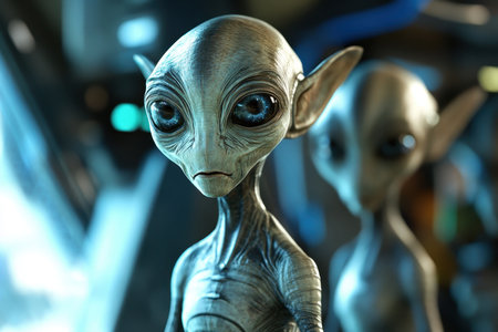 A close-up image of a grey alien with large blue eyes, looking directly at the viewer with a serious expression.の素材