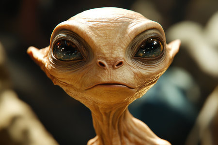 The image shows a close-up portrait of a realistic alien figure with large eyes, capturing its detailed features and mysterious expression.の素材