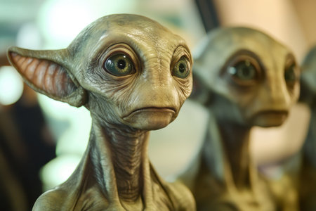 A close-up photograph of a detailed alien sculpture with large eyes and a serious expression.の素材