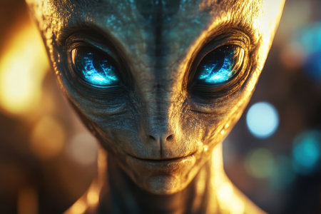 A close-up portrait of an alien with large, glowing blue eyes and a smooth, gray skin. The alien's expression is intense and somewhat unsettling.の素材