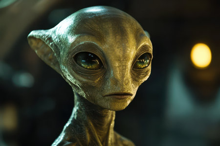 A close-up portrait of a grey alien with large, dark eyes and a humanoid face.の素材