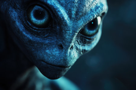 A close-up view of an alien&#39;s face, emphasizing its blue eyes and textured skin.の素材