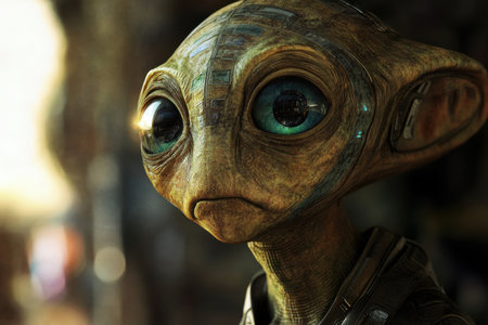 A close-up portrait of an alien with large, blue eyes, looking thoughtful and slightly apprehensive.の素材