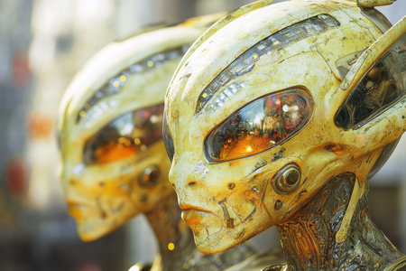 A close-up image of two worn metallic alien heads, showcasing a detailed futuristic design.の素材