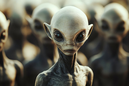 A close-up portrait of an alien with large, dark eyes and a pale, gray skin tone.の素材