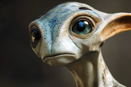 A close-up portrait of a fictional creature with large, blue eyes and textured, greyish-white skin, looking directly at the viewer with a curious expression.の素材