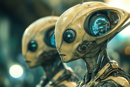 A close-up portrait of two androids with detailed mechanical designs and glowing blue eyes.の素材