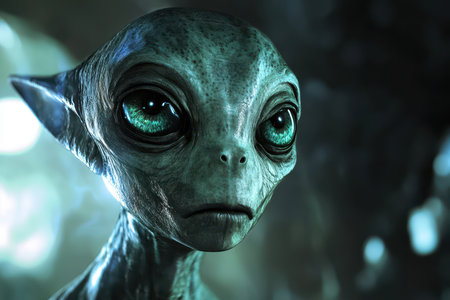 A close-up portrait of an alien being with large, green eyes and wrinkled, textured skin, against a dark, blurry background.の素材