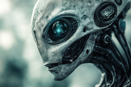A close-up portrait of a robotic alien head with a glowing blue eye, revealing intricate mechanical details.の素材