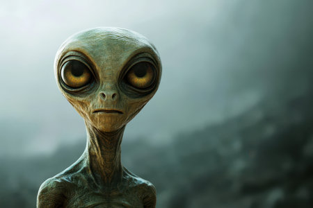 A close-up portrait of a gray-skinned extraterrestrial with large yellow eyes, staring thoughtfully at the viewer against a blurry background.の素材