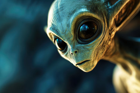 A close-up portrait of an alien with large, dark eyes that resemble galaxies, creating a surreal and mysterious image.の素材
