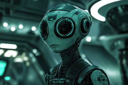 A close-up shot of an alien cyborg with glowing eyes in a futuristic setting.の素材