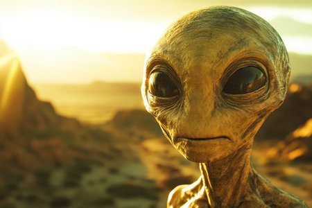 A close-up portrait of a grey alien with large, black eyes looking directly at the viewer against a blurred desert background.の素材