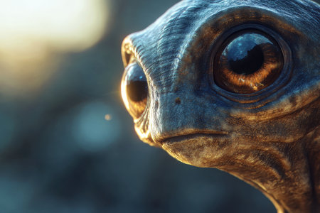 A close-up of an alien creature&#39;s eye, revealing intricate details and a captivating gaze.の素材