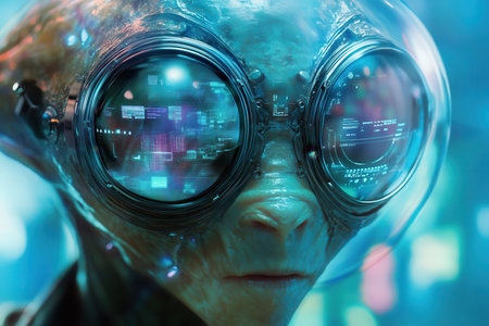 A close-up portrait of an alien with futuristic goggles displaying digital information.の素材
