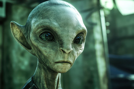 A close-up portrait of a grey-skinned alien with large, dark eyes and a thoughtful expression.の素材