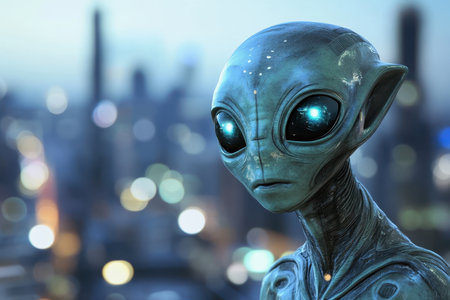 A close-up portrait of a grey alien with glowing blue eyes, set against a blurred background of a futuristic city at night.の素材