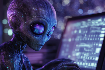 A close-up of an alien's face with a galaxy reflected in its eye as it sits in front of a computer screen.の素材