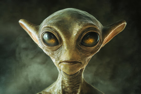 A close-up portrait of an alien with large, intense eyes and wrinkled skin against a dark, foggy background.の素材