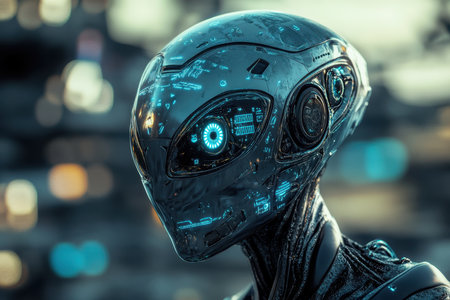 A detailed close-up shot of a futuristic robot&#39;s head, showcasing its metallic exterior, glowing blue eye, and intricate design.の素材