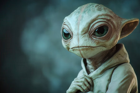 A close-up portrait of an alien with large, green eyes and a thoughtful expression, captured in a digital illustration.の素材