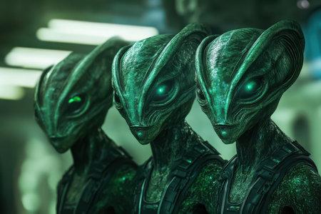 A close-up shot of three alien beings with green skin and glowing eyes. They stand in a row,  with a blurred background behind them.の素材