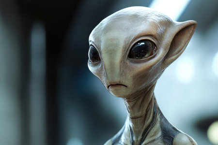 A detailed close-up portrait of a grey alien with large, dark eyes and a slightly sad expression.の素材