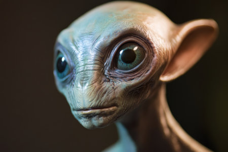 A close-up portrait of a fictional alien creature with blue skin and large eyes,  featured against a dark background.の素材