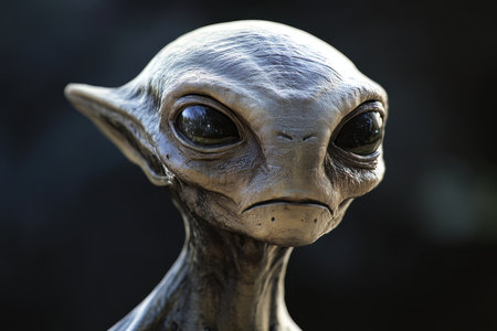 A close-up portrait of an alien with a gray, wrinkled face and large, dark eyes, against a black background.の素材
