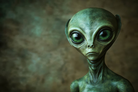 A close-up portrait of a green-skinned alien with large, expressive eyes, gazing thoughtfully at the viewer.の素材