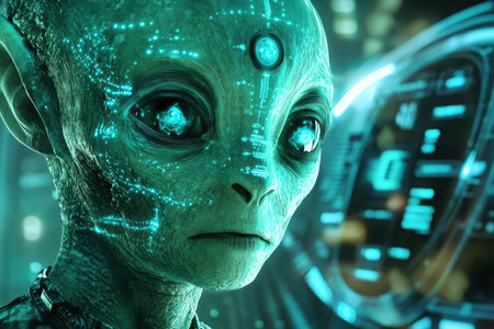 A close-up portrait of an alien with glowing blue eyes and skin, showcasing futuristic technology.の素材