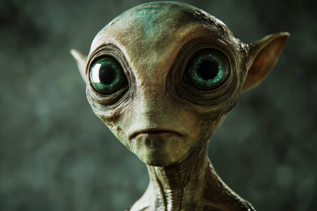 A close-up portrait of an alien creature with large green eyes, its wrinkled skin and intense stare suggesting an otherworldly presence.の素材