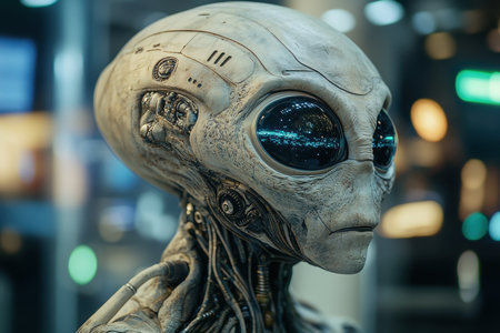 A detailed close-up of a gray alien figure with mechanical details, highlighting the large, reflective eyes and textured skin.の素材
