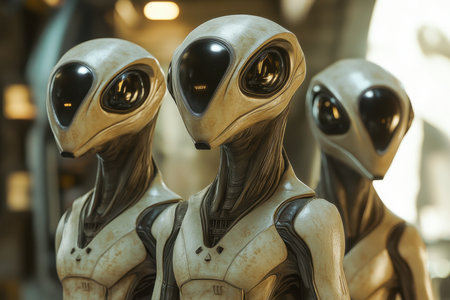 A close-up image of three grey alien figures with large black eyes, standing in a row with a blurred background.の素材