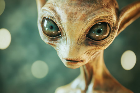 A close-up portrait of an alien with large blue eyes and wrinkled skin.の素材