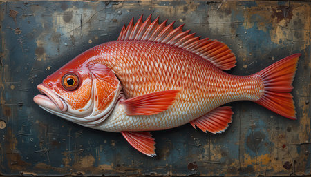 A detailed artistic rendering of a vibrant red fish displayed against a dark textured metallic background.の素材