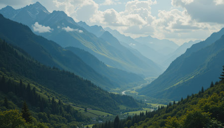 A breathtaking panoramic view of a verdant mountain valley, showcasing lush green forests and a winding river under a partly cloudy sky.の素材