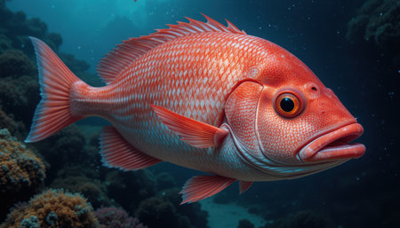 A close-up underwater shot of a vibrant red snapper fish swimming amidst a coral reef.の素材