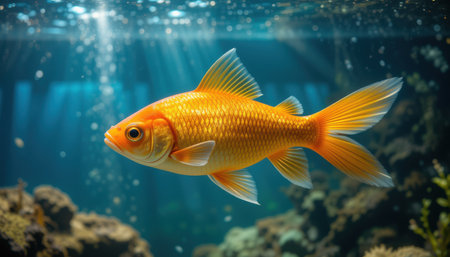 A vibrant golden fish gracefully swims in a clear aquarium tank, sunlight filtering through the water.の素材