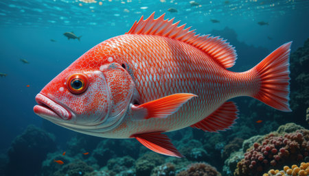 A brightly colored red fish swims amidst a vibrant coral reef in the ocean depths.の素材